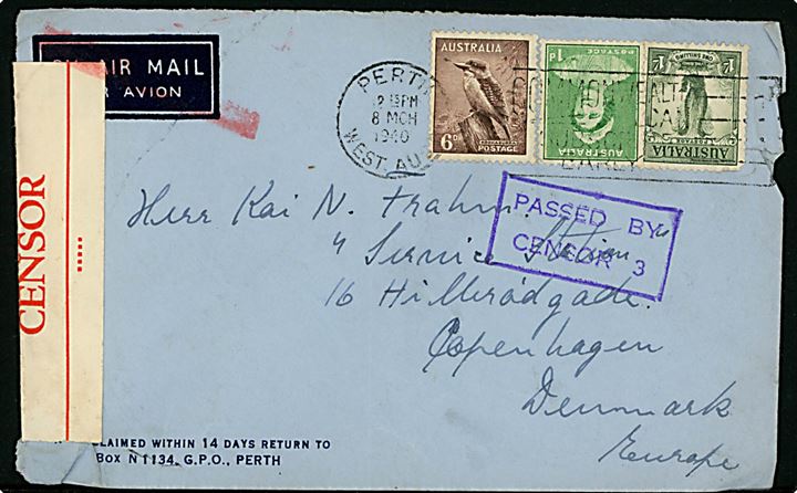 1d Elizabeth, 6d Kookaburra og 1/- Lyre Bird på luftpostbrev fra Perth d. 8.3.1940 til København, Danmark. Åbnet af lokal australsk censur og luftpost annulleret med rød bjælke i London.