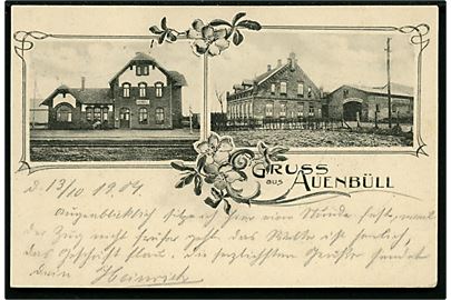 Avnbøl (Auenbüll), Gruss aus med jernbanestation og gæstgiveri. U/no. Frankeret med 5 pfg. Germania annulleret med ovalt bureaustempel Flensburg - Sonderburg Bahnpost Zug 906 d. 13.10.1904 til Hamburg.