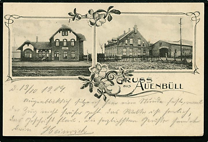 Avnbøl (Auenbüll), Gruss aus med jernbanestation og gæstgiveri. U/no. Frankeret med 5 pfg. Germania annulleret med ovalt bureaustempel Flensburg - Sonderburg Bahnpost Zug 906 d. 13.10.1904 til Hamburg.