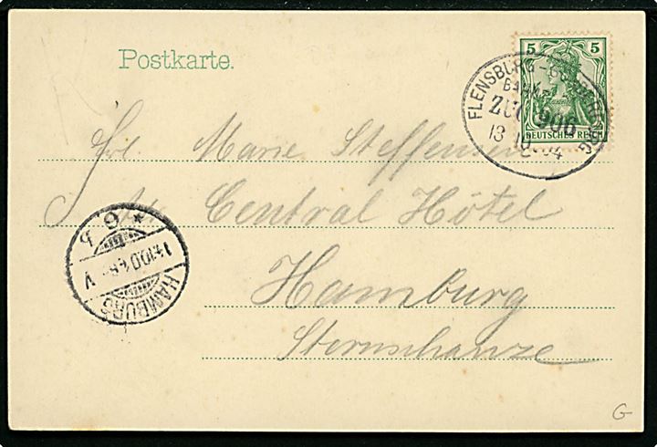 Avnbøl (Auenbüll), Gruss aus med jernbanestation og gæstgiveri. U/no. Frankeret med 5 pfg. Germania annulleret med ovalt bureaustempel Flensburg - Sonderburg Bahnpost Zug 906 d. 13.10.1904 til Hamburg.