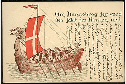 Om Dannebrog jeg ved - Den faldt fra Himlen ned. Tegnet kort med Dannebrog. U/no. 