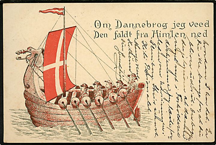 Om Dannebrog jeg ved - Den faldt fra Himlen ned. Tegnet kort med Dannebrog. U/no. 