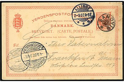 10 øre Fr. VIII helsagsbrevkort annulleret med stjernestempel SANDVIG og sidestemplet Allinge d. 2.9.1907 til Frankfurt, Tyskland.