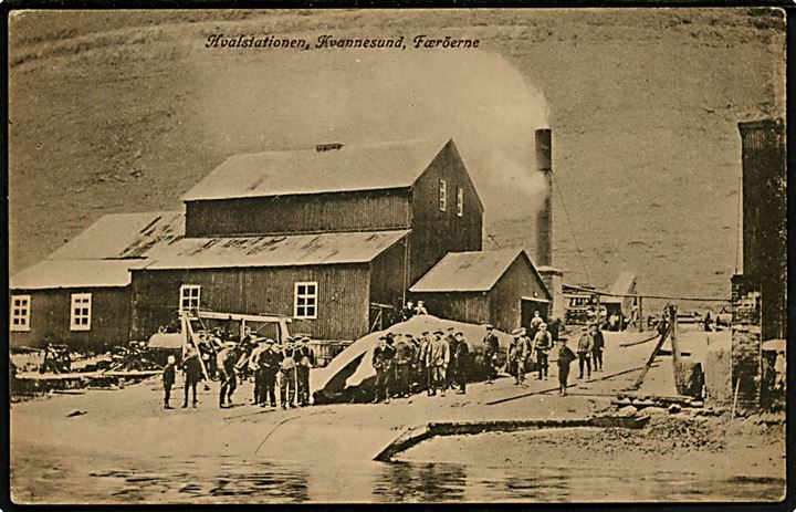 Færøerne, Kvannesund hvalstation med hval på land. A. Brend no. 304244.