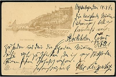 Skodsborg Bad. Tiltryk på 10 øre Våben helsagsbrevkort. Sendt fra Kjøbenhavn d. 11.8.1891 til Berlin, Tyskland.