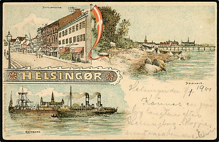 Helsingør, partier med Stengade med Hotel Øresund og Jens Møllers Boghandel, Kronborg og færge. J. Møller U/no. Frankeret med 5 øre Våben annulleret med svensk stempel i Helsingborg d. 7.1.1901 og sidestemplet Från Danmark.