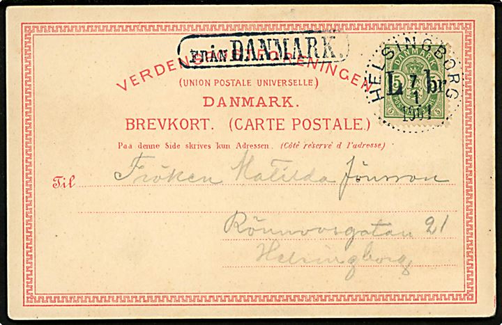 Helsingør, partier med Stengade med Hotel Øresund og Jens Møllers Boghandel, Kronborg og færge. J. Møller U/no. Frankeret med 5 øre Våben annulleret med svensk stempel i Helsingborg d. 7.1.1901 og sidestemplet Från Danmark.