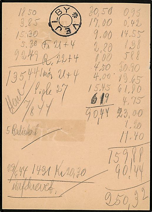 Bagside af Stykseddel formular - N8 (10-43 B6) - med kasseopgørelse dateret d. 29.6.1944 med udslebet stjernestempel VEJLBY. Rifter lukket med tape.