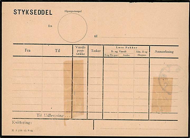 Bagside af Stykseddel formular - N8 (10-43 B6) - med kasseopgørelse dateret d. 29.6.1944 med udslebet stjernestempel VEJLBY. Rifter lukket med tape.