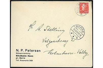 20 øre Chr. X på brev annulleret med udslebet stjernestempel KLINTHOLM HAVN og sidestemplet Borre d. 15.11.1944 til København.