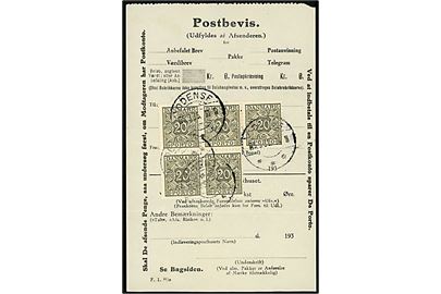 20 øre Portomærke (5) på Postbevis annulleret med sjældent brotype IIh Odense d. 5.9.1935. Antages at være kvittering for manglende porto på ekspresbrev til yderdistrikt omdelt fra Odense Telegrafkontor. Stempel menes at være det ellers ukendte Brotype IIc-2 som jf. Vagn Jensen kun kendes ved indsendelse i 1977.