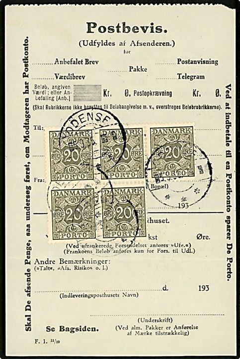 20 øre Portomærke (5) på Postbevis annulleret med sjældent brotype IIh Odense d. 5.9.1935. Antages at være kvittering for manglende porto på ekspresbrev til yderdistrikt omdelt fra Odense Telegrafkontor. Stempel menes at være det ellers ukendte Brotype IIc-2 som jf. Vagn Jensen kun kendes ved indsendelse i 1977.