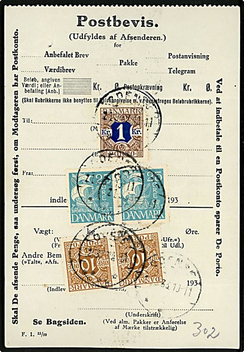 25 øre Karavel (par), 10 øre (par) og 1 kr. Portomærke på 170 øre blandingsfrankeret Postbevis annulleret med brotype IIc Odense d. 29.9.1933. Antages at være kvittering for manglende porto på ekspresbrev til yderdistrikt omdelt fra Odense Telegrafkontor.