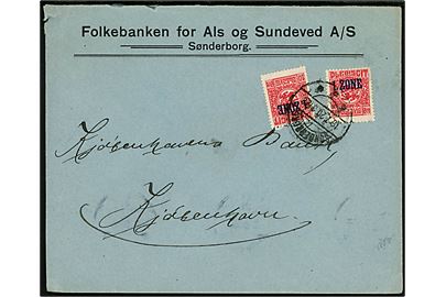 10 øre 1. Zone udg. (2) på brev fra Folkebanken for Als og Sundeved A/S i Sønderborg d. 10.7.1920 til København, Danmark.