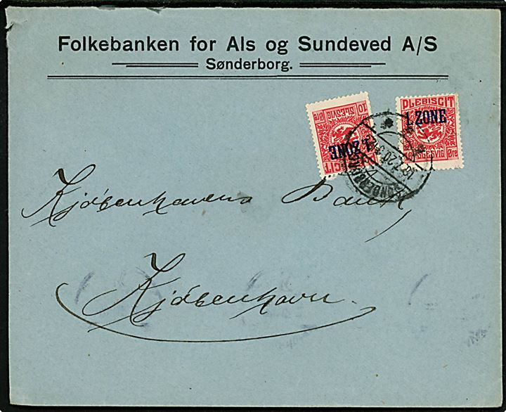 10 øre 1. Zone udg. (2) på brev fra Folkebanken for Als og Sundeved A/S i Sønderborg d. 10.7.1920 til København, Danmark.