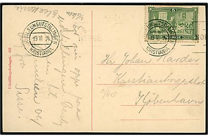 5 øre Eidsvoll-forfatningen på brevkort (Jubilæumsudstillingen 1914, Kristiania) annulleret maskin-særstempel Jubilæumsudstillingen Kristiania / Norge d. 19.6.1914 til København, Danmark.