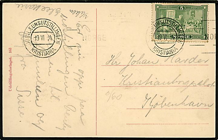 5 øre Eidsvoll-forfatningen på brevkort (Jubilæumsudstillingen 1914, Kristiania) annulleret maskin-særstempel Jubilæumsudstillingen Kristiania / Norge d. 19.6.1914 til København, Danmark.