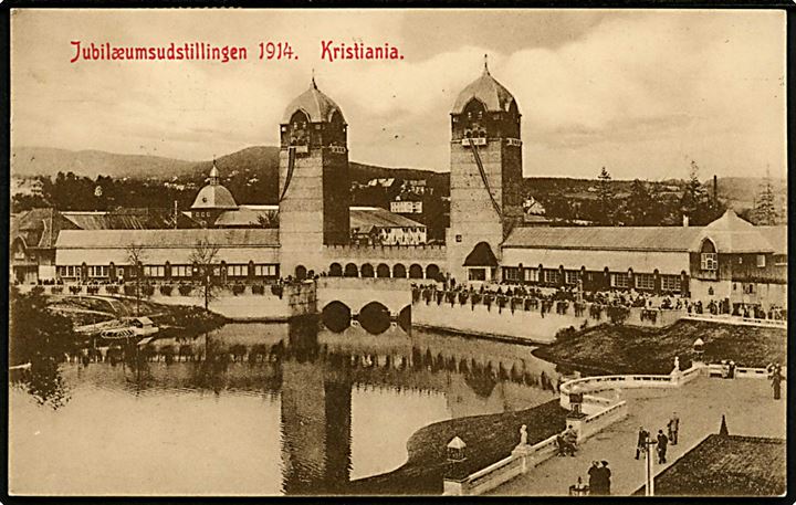 5 øre Eidsvoll-forfatningen på brevkort (Jubilæumsudstillingen 1914, Kristiania) annulleret maskin-særstempel Jubilæumsudstillingen Kristiania / Norge d. 19.6.1914 til København, Danmark.