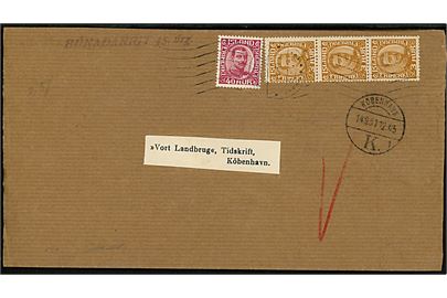 3 aur (lodret 3-stribe) og 40 aur Chr. X 1920 udg. på 49 aur frankeret korsbånd annulleret med håndrullestempel i Reykjavik d. ?.9.1931 til Tidsskriftet Vort Landbrug i København, Danmark. Ank.stemplet i København d. 14.9.1931.