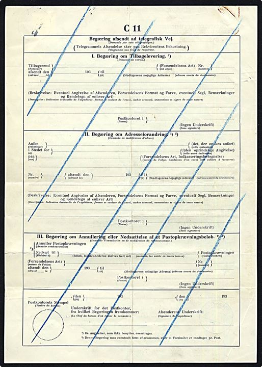 40 øre Karavel annulleret København 1 sn2 d. 16.5.1937 som gebyr på international C11 formular - F.16 11/34 - vedr. begæring om adresseforandring på brev afsendt d. 15.6.1937 til Viipuri, Finland. Violet stempel fra Indleveringspostkontor 1 i København og rødt stempel fra det finske postvæsen d. 19.6.1937. Sjælden international formular. Folder.