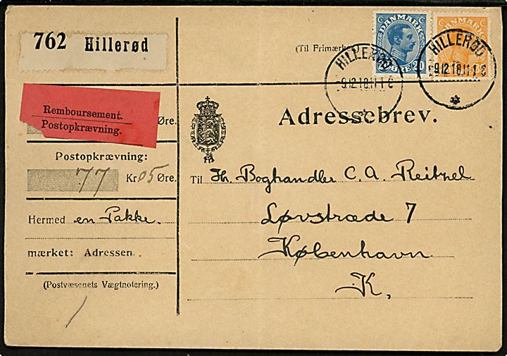 20 øre og 35 øre Chr. X på adressebrev for pakke med postopkrævning fra Hillerød d. 9.12.1918 til København.