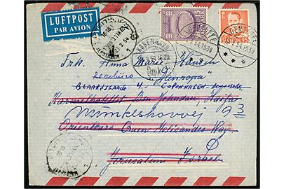 15 øre 1000 års udg. og 95 øre Fr. IX på luftpostbrev fra Gentofte d. 15.3.1954 til Jerusalem, Israel - eftersendt til København, Danmark.