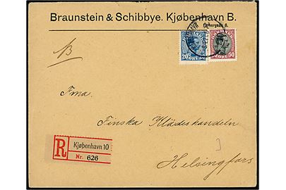 20 øre og 50 øre Chr. X på anbefalet brev fra Kjøbenhavn 10 d. 8.4.1921 til Helsingfors, Finland.