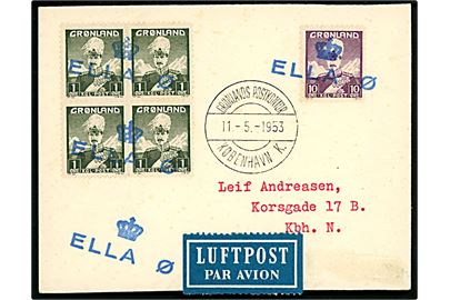 1 øre (fireblok) og 10 øre Chr. X på luftpost tryksag annulleret med liniestempel (krone) ELLA Ø og sidestemplet Grønlands Postkontor København K. d. 11.5.1953 til København.