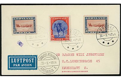 15 øre og 30 øre (2) Amerikansk udg. på luftpostbrev fra Dundas d. 30.8.1954 via Grønlands Postkontor København K. d. 23.9.1954 til København.