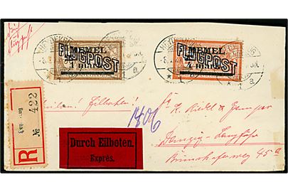 Memel. 1 mk./50 c. og 4 mk./2 fr. FLUGPOST provisorium på anbefalet luftpostbrev fra 8.7.1921 til Danzig. På bagsiden ank.stempel Danzig-Langfuhr d. 10.7.1921. Afkortet i toppen.