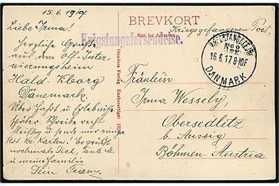 Ufrankeret brevkort (Bækkelund ved Viborg) med liniestempel Krigefangeforsendelse. og brotype IIIb Krigsfangelejr No. 2. Danmark (= Lazaretlejren i Hald ved Viborg) d. 16.6.1917 til Obersedlitz b. Aussig, Böhmen, Østrig.