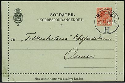 10 øre Soldater-Korrespondancekort fra soldat ved 15. Bat. 2. Komp. i Krudttaanslejren på Amager annulleret med brotype IIIb Feltpostkontor H. d. 1.2.1917 til Folkeskolens Ekspedition, Odense.