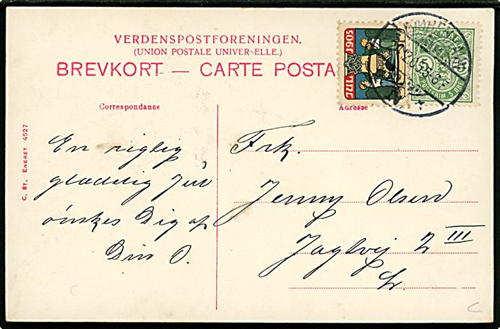 Norge. Kong Haakon d. VII. Stenders no. 4527. Med 5 øre våben og julemærke 1905, bundet til kortet, annulleret København d. 24.12.1905, sendt lokalt. 