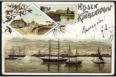 Købh., Hilsen fra Kjøbenhavn med Frihavnen, Kunstmuseum og skibe på Rheden. L. Glaser no. 1344.