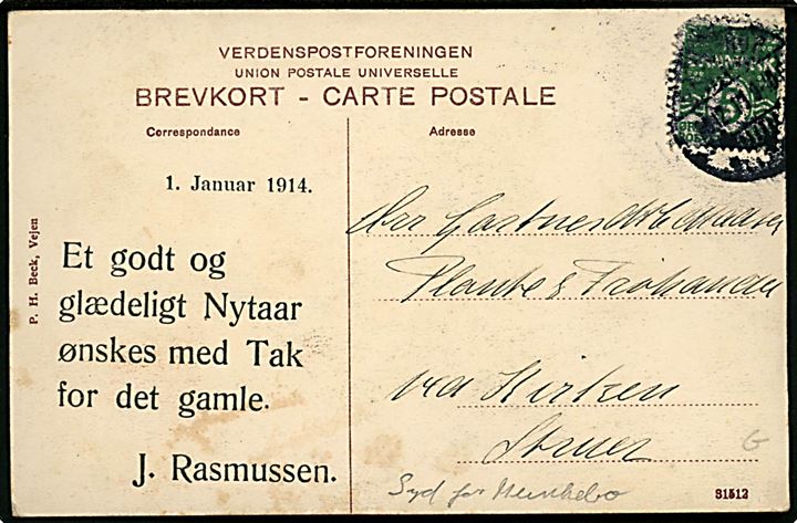 Kjertinge pr. Kjølstrup, Jørgen Rasmussens Handels og Eksportgartneri. P. H. Beck no. 31512. Sendt med fortrykt nytårshilsen d. 1.1.1914.