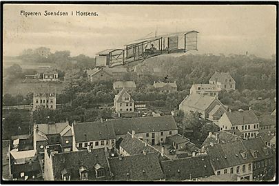 Horsens, Flyveren Robert Svendsen. J. Brorsen u/no. Frankeret med 5 øre Fr. VIII fra Horsens d. 14.9.1910 til Nors Præstegaard pr. Thisted. Opfrankeret med 5 øre Fr. VIII annulleret med bureaustempel Thisted - Fjerritslev T.3 d. 16.9.1910 og eftersendt til London, England.