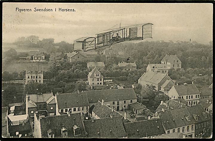 Horsens, Flyveren Robert Svendsen. J. Brorsen u/no. Frankeret med 5 øre Fr. VIII fra Horsens d. 14.9.1910 til Nors Præstegaard pr. Thisted. Opfrankeret med 5 øre Fr. VIII annulleret med bureaustempel Thisted - Fjerritslev T.3 d. 16.9.1910 og eftersendt til London, England.