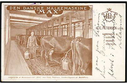 Vindmøllegaard pr. Svendborg. Den danske malkemaskine MAX. Reklamekort for H. C. Petersen & Co. 