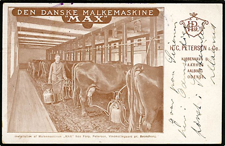 Vindmøllegaard pr. Svendborg. Den danske malkemaskine MAX. Reklamekort for H. C. Petersen & Co. 