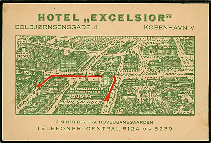 Købh., Colbjørnsensgade 4, Hotel Excelsior reklamekort med bykort. U/no.