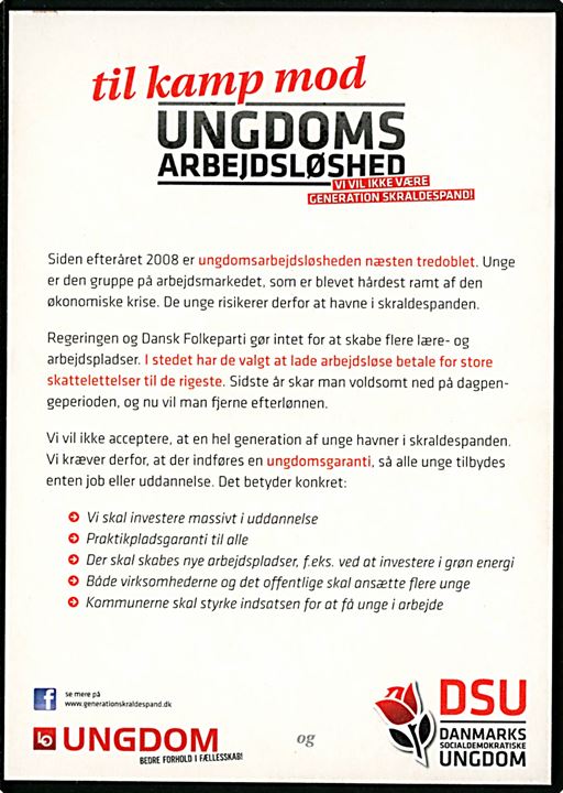 til kamp mod ungdomsarbejdsløshed. LO Ungdom & Danmarks Socialdemokratiske Ungdom. Agitationskort uden adresselinier.