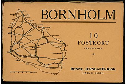 Bornholm. 10 Postkort fra hele Øen. Rønne Jernbanekiosk ved Karl H. Olsen. Komplet serie med omslag. Rønne Jernbanekiosk. Karl H. Olsen / Senders no. 91-100. Omslag lidt slidt.