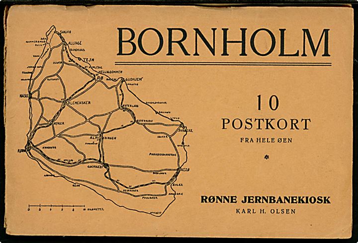 Bornholm. 10 Postkort fra hele Øen. Rønne Jernbanekiosk ved Karl H. Olsen. Komplet serie med omslag. Rønne Jernbanekiosk. Karl H. Olsen / Senders no. 91-100. Omslag lidt slidt.