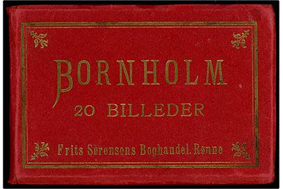 Bornholm 20 Billeder. Postkortmappe fra Frits Sørensens Boghandel i Rønne. Komplet med alle kort. Frits Sørensen's Boghandel / Stenders Kunstnerbrevkort no. 2595, 2606, 2220, 2202, 21973, 2593, 2591, 2592, 2590, 2153, 2123, 2576, 2112, 2109, 2574, 2569, 92, 2558, 2553.