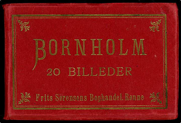 Bornholm 20 Billeder. Postkortmappe fra Frits Sørensens Boghandel i Rønne. Komplet med alle kort. Frits Sørensen's Boghandel / Stenders Kunstnerbrevkort no. 2595, 2606, 2220, 2202, 21973, 2593, 2591, 2592, 2590, 2153, 2123, 2576, 2112, 2109, 2574, 2569, 92, 2558, 2553.