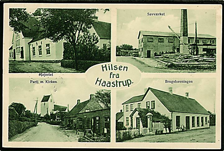 Haastrup, Hilsen fra med mejeri, savværk, kirke og brugsforening. H. Schmidt u/no.