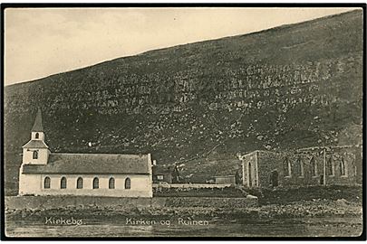 Færøerne, Kirkebø, kirke og kirkeruin. Lytzen no. 27559.