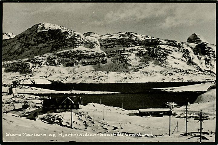 Godthåb, Store Marlene og Hjortetakken. K. Bååge / Stenders no. 96586. Frankeret med 20 øre Chr. X fra Godthaab d. 29.10.1956 til Klampenborg.