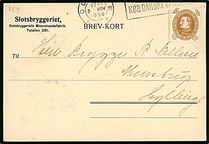 10 øre Chr. X 60 år på brevkort fra Slotsbryggeriet i Odense d. 3.11.1930 til Hyllinge.