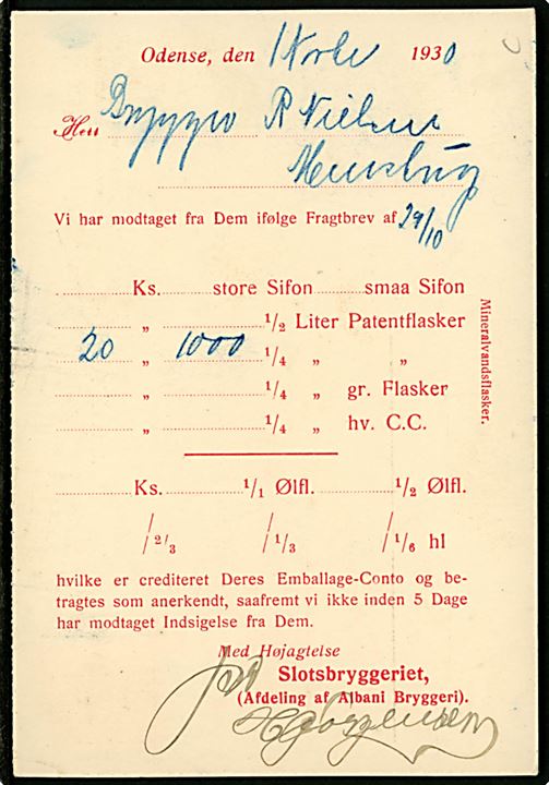 10 øre Chr. X 60 år på brevkort fra Slotsbryggeriet i Odense d. 3.11.1930 til Hyllinge.